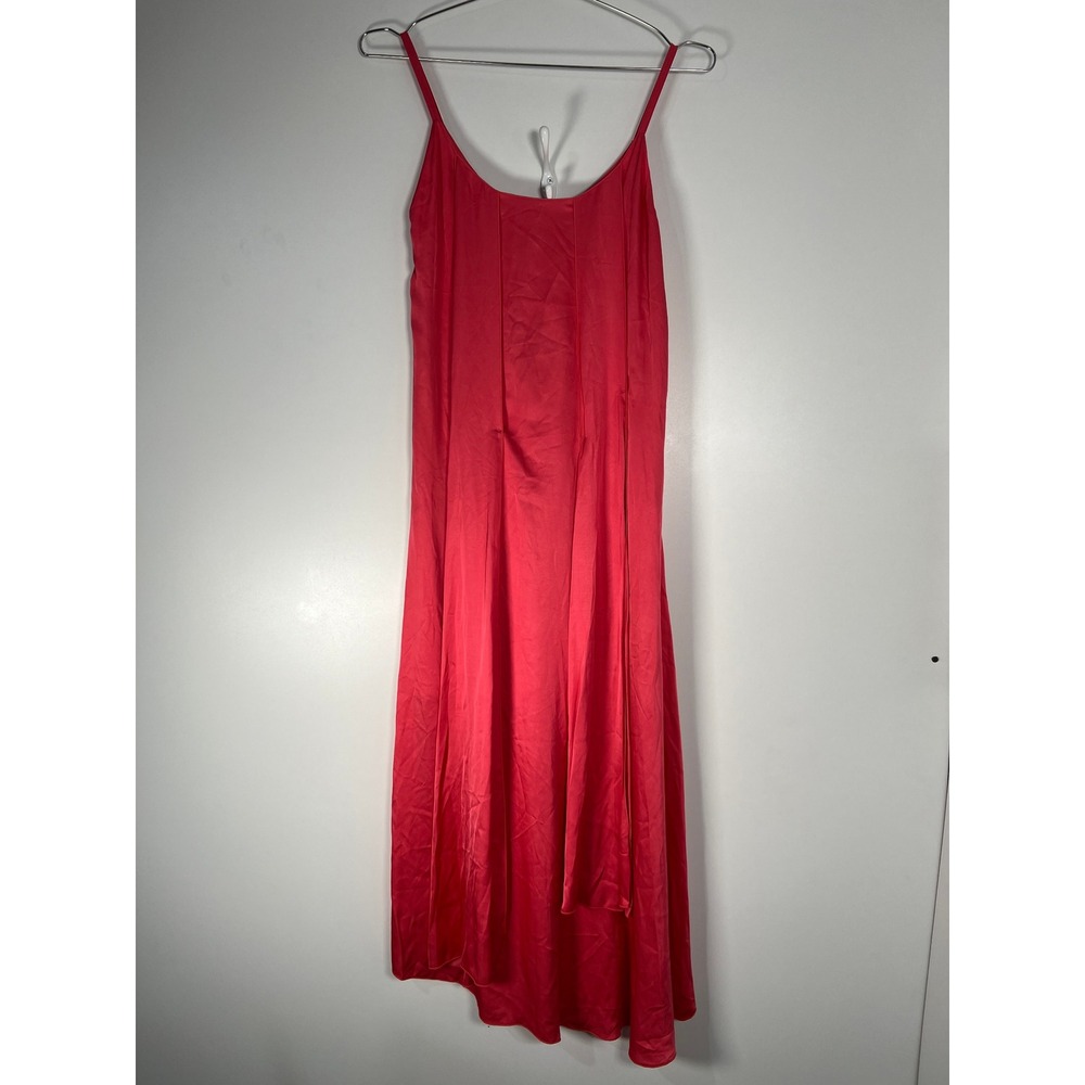 Massimo Dutti Pink Red Solid Asymmetrical Slip Dress Minimalist Wedding Guest 4